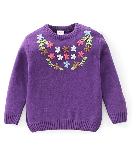 Babyhug Knit Full Sleeves Sweater Pullover with Floral Embroidery -Purple