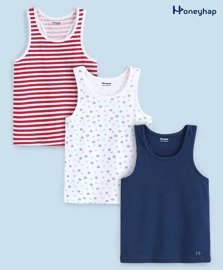 Honeyhap Premium Cotton Elastane Solid Stripes & Stars Printed Vests with Silvadur Antimicrobial Finish Pack of 3 - Red Navy & White