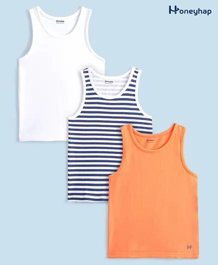 Honeyhap Premium Cotton Elastane Sleeveless Vests with Silvadur Antimicrobial Finish Solid & Striped Pack of 3 - Navy Mustard & Blue