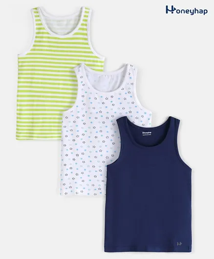 Honeyhap Premium Cotton Elastane Sleeveless Solid Stripes & Stars Printed Vests with Silvadur Antimicrobial Finish Pack of 3 - Lime Blue & Orange