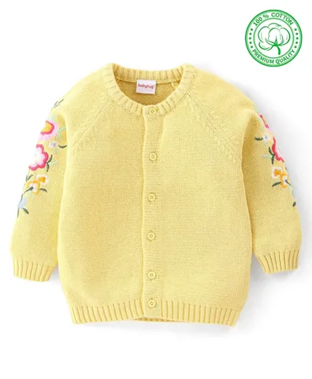 Babyhug Organic Cotton Front Open Sweater Floral Design - Yellow