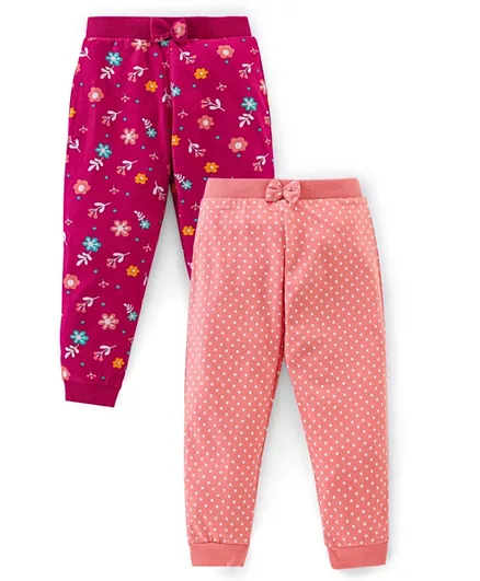 Babyhug Cotton Knit Full Lenght  Lounge Pant Floral Print Pack Of 2 - Pink & Maroon