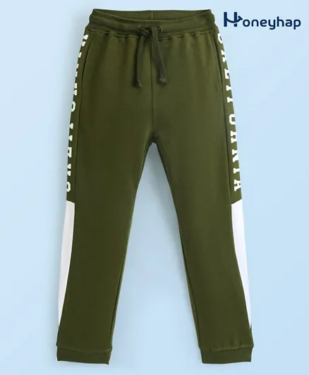 Honeyhap Premium 100% Cotton Looper Text Printed Full Length Lounge Pant with Bio Finish -  Winter Moss Green