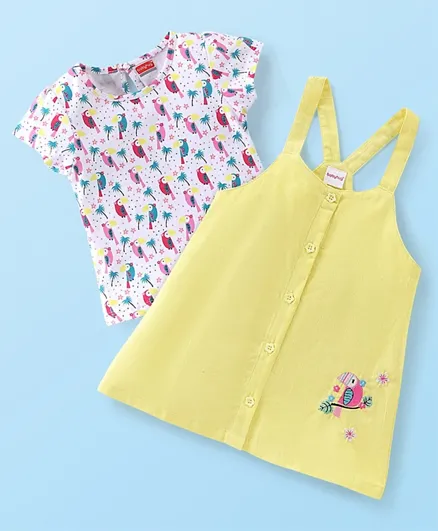 Babyhug Cotton Knit Short Sleeves Inner Tee with Corduroy Frock Parrot Printed  - Yellow