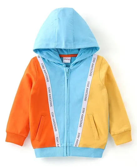 Babyhug Cotton Knit Full Sleeves Hooded Sweatshirts with Cut & Sew Design Text Print - Blue Orange & Yellow