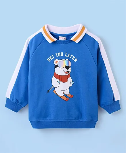 Babyhug Cotton Knit Full Sleeves Collared Sweatshirt with Graphics & Holographic Foil Detailing - Blue