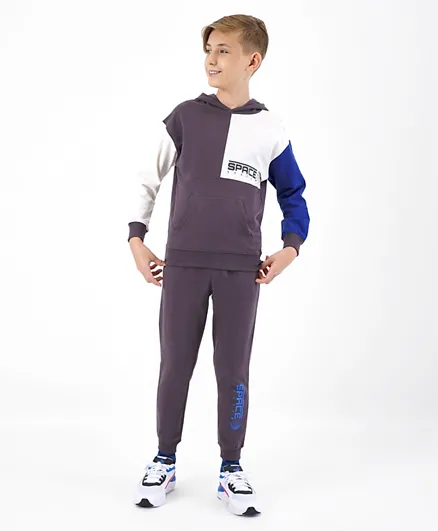 Primo Gino 100% Cotton Full Sleeves Winter Wear Color Block Sweatshirt & Lounge Pant Set-Grey