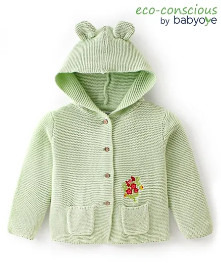 Babyoye Eco-Conscious Cotton Full Sleeves Floral Design Hooded Sweater - Green