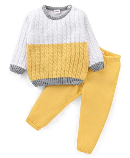 Babyhug 100% Acrylic Knit Full Sleeves Sweater Sets With Cable Knit Design - Yellow