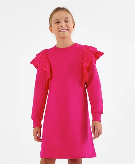 بريمو جينو فستان شتوي بأكمام كاملة من القطن 100% لون سادة - وردي