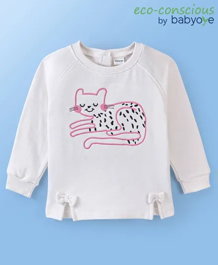 Babyoye Eco Conscious Cotton Full Sleeves Sweatshirt With Kitty Embroidery - White