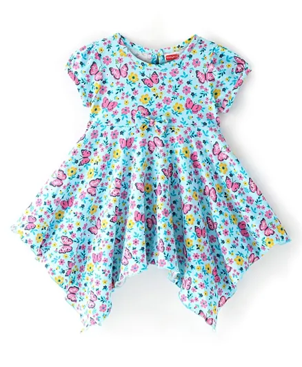 Babyhug 100% Cotton Knit Half Sleeves Dress With Handkerchief Floral Print Hem- Mint Blue