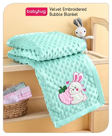 Babyhug Velvet Bunny Embroidered Bubble Blanket - Sea Green