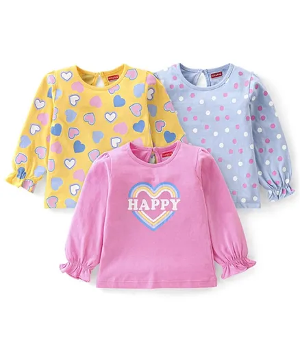 Babyhug Cotton Knit Full Sleeves T-Shirt With Heart & Text Print Pack Of 3 - Pink Yellow & Purple