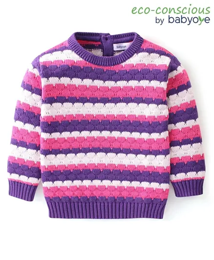 Babyoye 100% Cotton Eco Conscious Full Sleeves Sweater Stripes Design- Pink & Purple