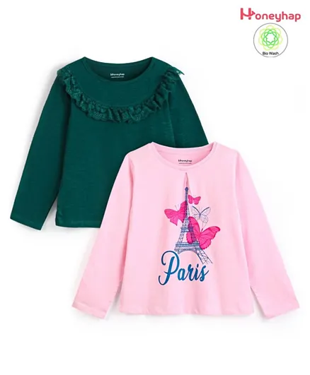 Honeyhap Premium 100% Cotton Full Sleeves Bio Washed T-Shirts with Lace Detailing & Eiffel Tower Print Pack of 2 - Pink & Moss Green