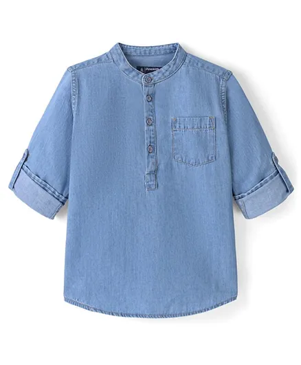 باين كيدز قميص كورتا دينيم بأكمام طويلة من القطن الخالص للأطفال - أزرق