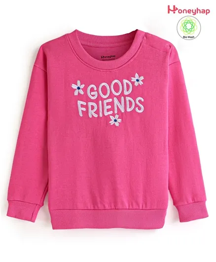 Honeyhap Premium Cotton Looper Full Sleeves Sweatshirt With Bio Wash Text Print- Azalea Pink