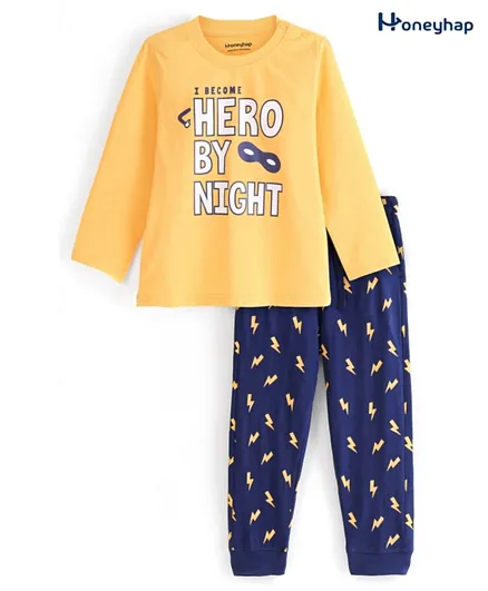 Honeyhap Premium Cotton Text Printed Full Sleeves Night Suit with Bio Finish - Yellow & Navy Peony