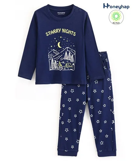Honeyhap Starry Nights Printed Full Sleeves Night Suit - Navy Peony