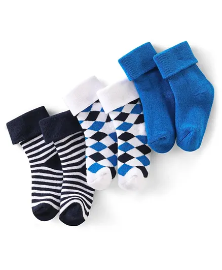 Cutewalk By Babyhug 3 Pack Anti Bacterial Ankle Length Striped Socks - White Black & Blue