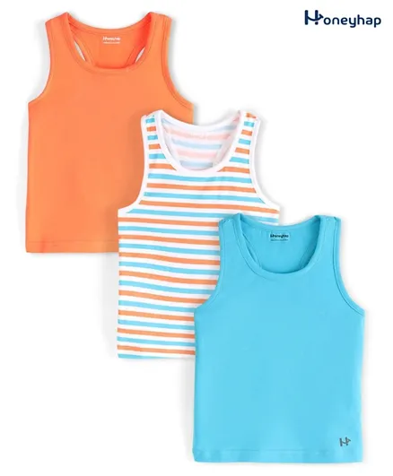 Honeyhap Premium Cotton Elastane Sleeveless Striped Soft Vests with Silvadur Antimicrobial Finish Pack of 3 - Bright White Bird Of Paradise & Bachelor Button