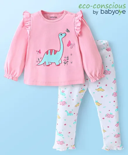 Babyoye Eco Conscious 100% Cotton Dino Placement Print Full Sleeves Top & Leggings Set - Pink