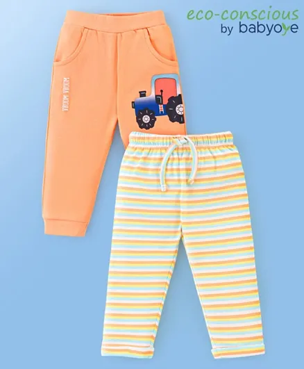 Babyoye 100% Cotton & Eco Jiva Finish Lounge Pant With Striped & Tractor Print - Orange & Yellow