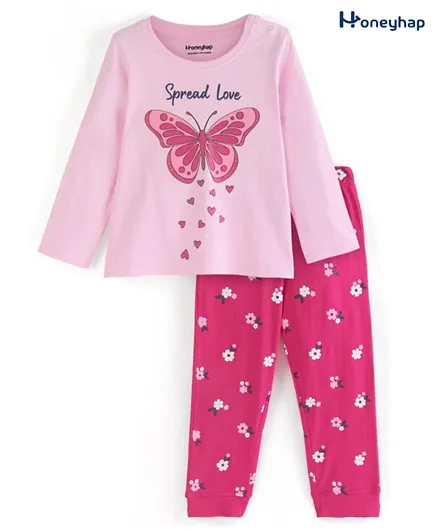 Honeyhap Premium Cotton Full Sleeves Night Suit with Bio Finish & Butterfly Print - Rose Shadow & Cabaret