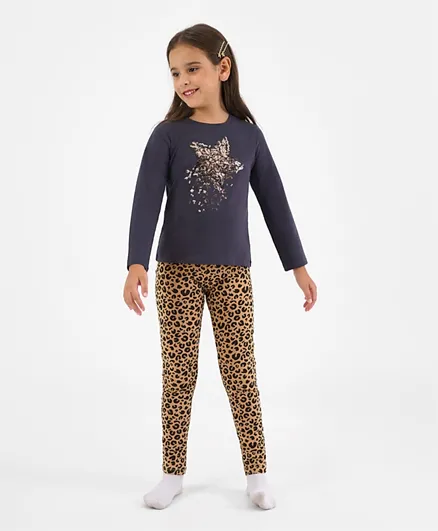Primo Gino 100% Cotton Full Sleeves T-Shirt & Leggings With Sequin Detailing & Leopard Print - Grey
