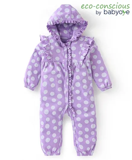 Babyoye Eco Conscious 100% Cotton Full Sleeves Polka Dots Printed Hooded Romper - Purple