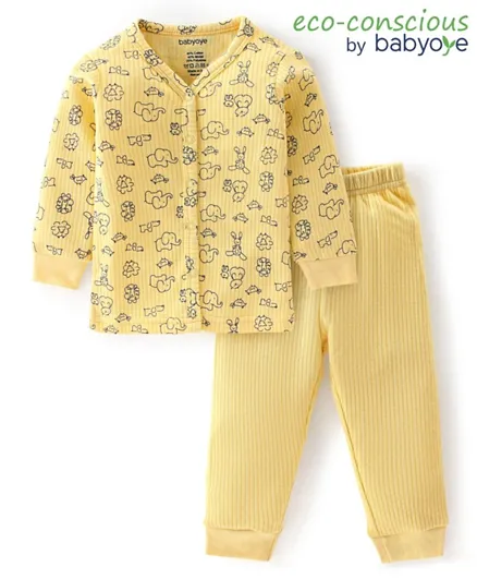 Babyoye Drop Needle Full Sleeves Animals Printed Thermal Inner Wear Set - Yellow
