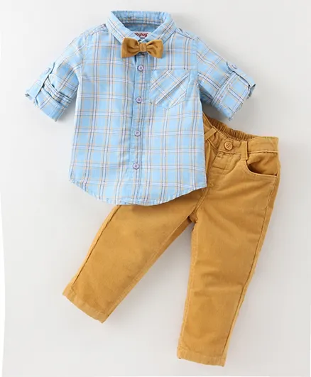 بيبي هاغ - طقم قميص بأكمام طويلة وبنطال قطن منسوج وطبعة مربعات - بني وأزرق