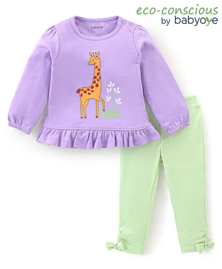 Babyoye Eco Conscious 100% Cotton Full Sleeves Top & Legging Giraffe Print - Green & Purple