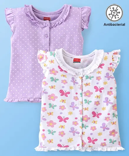 Babyhug 100% Cotton Antibacterial Vest Pack of 2 with Polka Dots & Butterfly Print - Purple & White