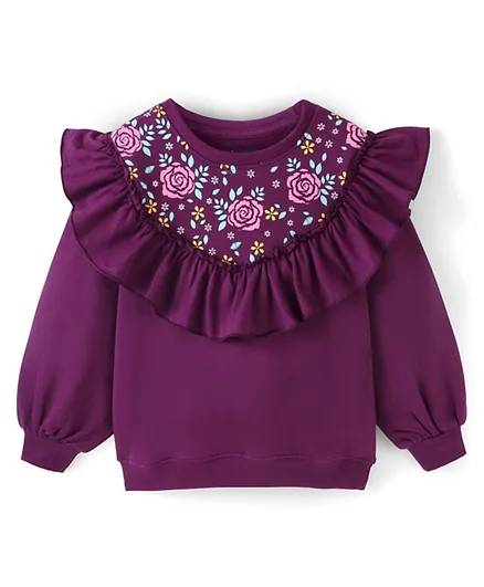 Pine Kids 100% Cotton Knit Full Sleeves Sweatshirt with Ruffle Neck Floral Print - Violet
