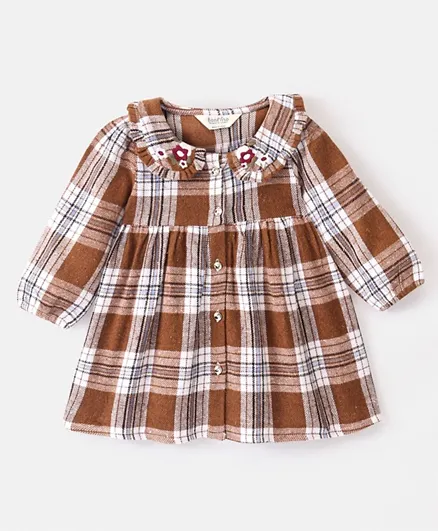 Bonfino Cotton Blend Full Sleeves Checked Dress With Front Floraal Embroidery Detail-Brown