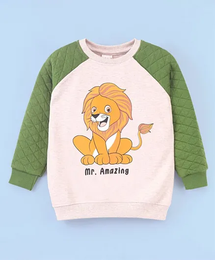 Babyhug Cotton Knit Raglan Sleeves Sweatshirt with Quilting Details & Lion Graphics Print - Oatmeal
