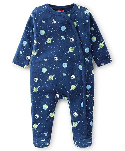 Babyhug Cotton Knit Full Sleeves Footed Sleep Suits Space Theme Print - Navy Blue