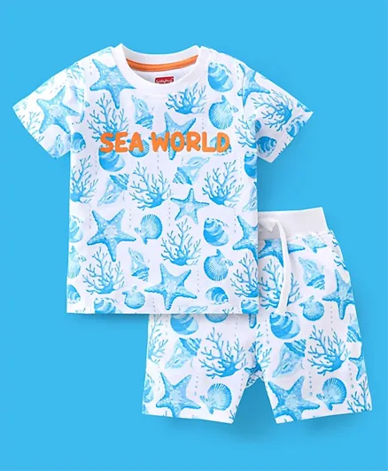 Babyhug Single Jersey Cotton Knit Half Sleeves T-Shirt & Shorts Set Sea World Print - Blue & White
