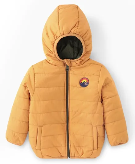 Babyhug Woven Full Sleeves Solid Hooded Reversible Jacket - Mustard Yellow
