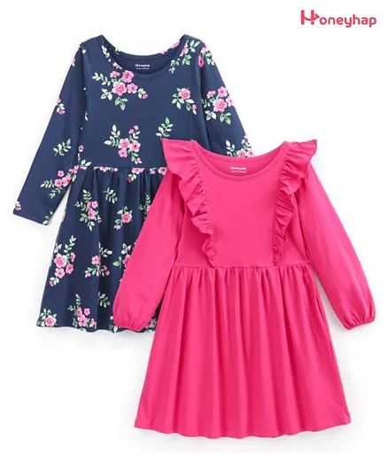 Honeyhap 2 Pack Premium Cotton Jersey Full Sleeves Frocks with Bio Finish Floral Print - Beetroot Purple & Navy Peony