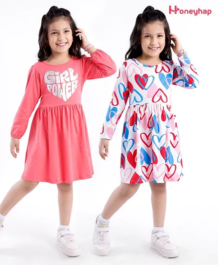 Honeyhap Premium Cotton Jersey With Bio Finish Full Sleeves Frocks Heart & Text Print Pack Of 2 - Multi Color