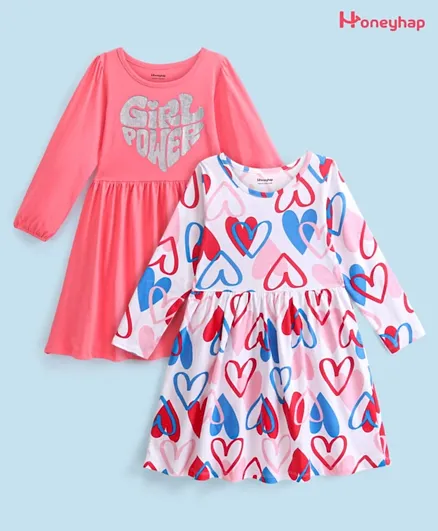 Honeyhap Premium Cotton Jersey With Bio Finish Full Sleeves Frocks Heart & Text Print Pack Of 2 - Multi Color