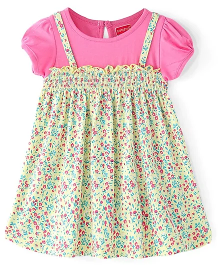 Babyhug 100% Cotton Knit Half Sleeves Frock With Floral Print - Pink & Yellow