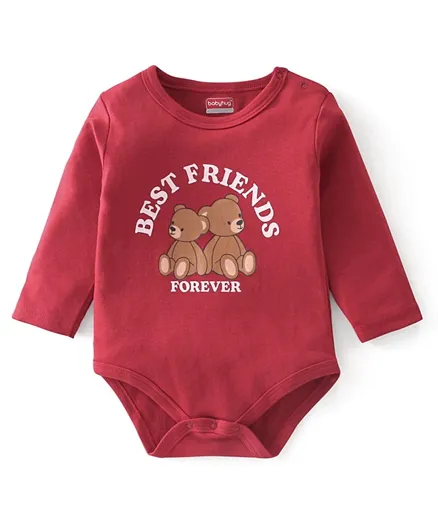Babyhug 100% Cotton Full Sleeves Teddy Print Onesie  - Red