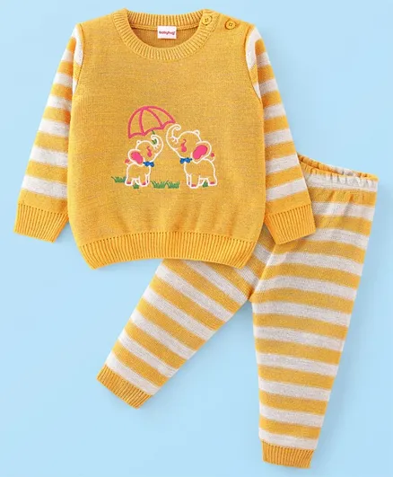 Babyhug 100% Acrylic Knit Full Sleeves Sweater Set With Elephant Embroidery - Yellow