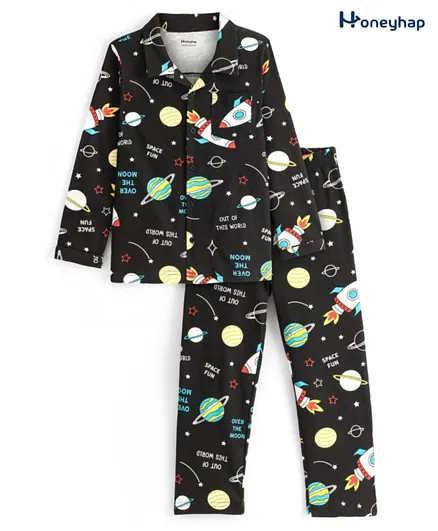 Honeyhap Premium Cotton With Bio Finish Full Sleeves Night Suit With Space Print - Black