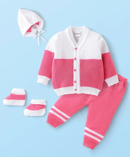 Babyhug 100% Acrylic Knit Full Sleeves Baby Sweater Set Color Block - Coral & White