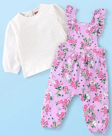 Babyhug 100% Cotton Knit Floral Printed Dungaree with Full Sleeves Inner T-Shirt - Lilac & White